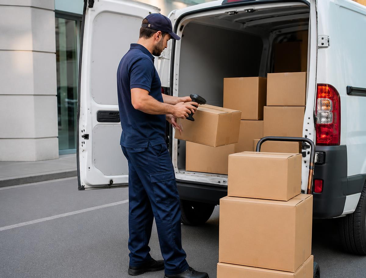 Courier driver unloading parcels for delivery to a collection point