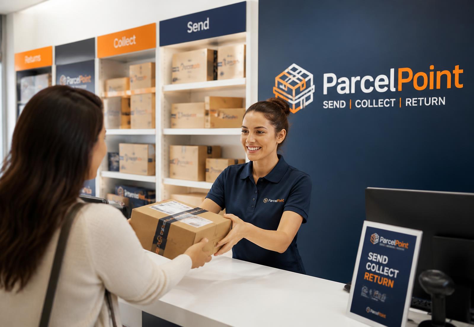 ParcelPoint staff member handing a parcel to a customer at the collection counter