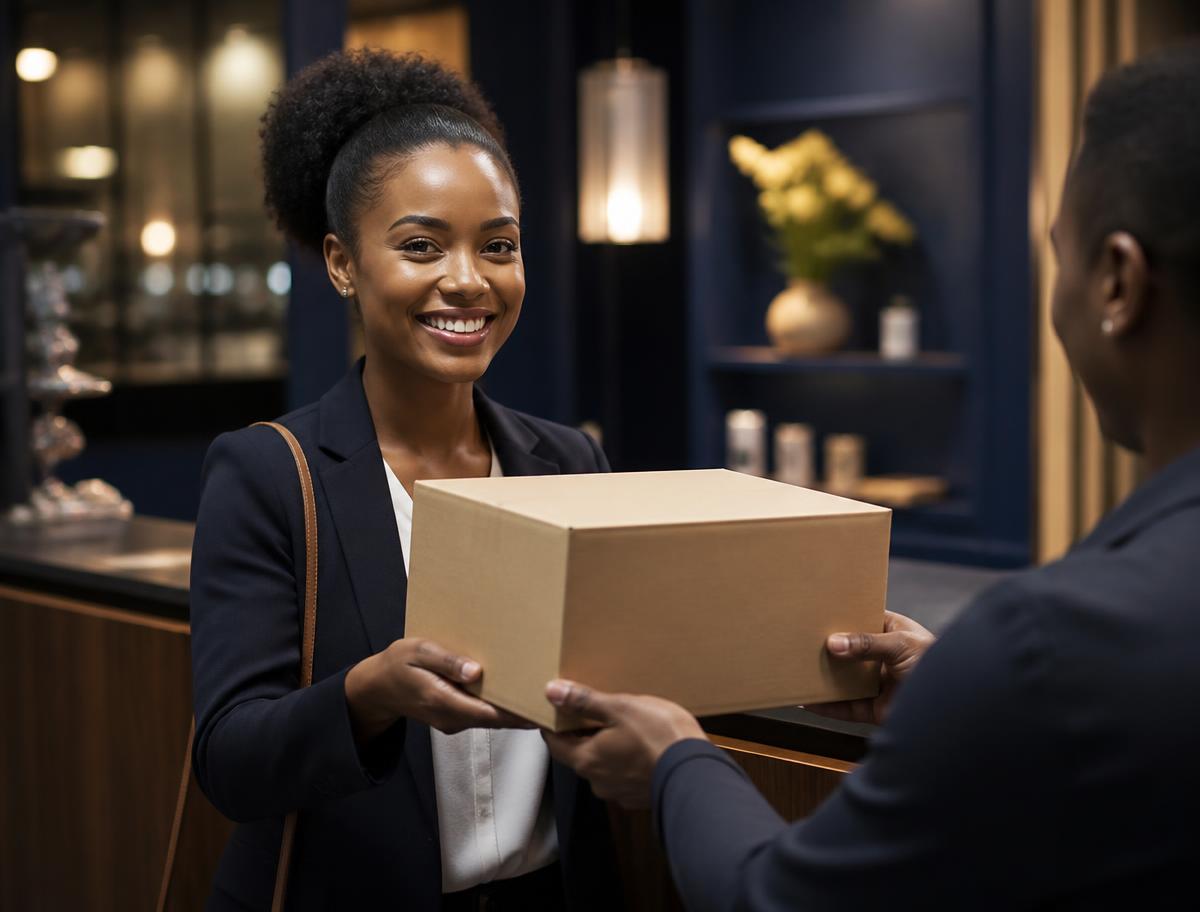 Resident collecting a parcel at the ParcelPoint counter after work